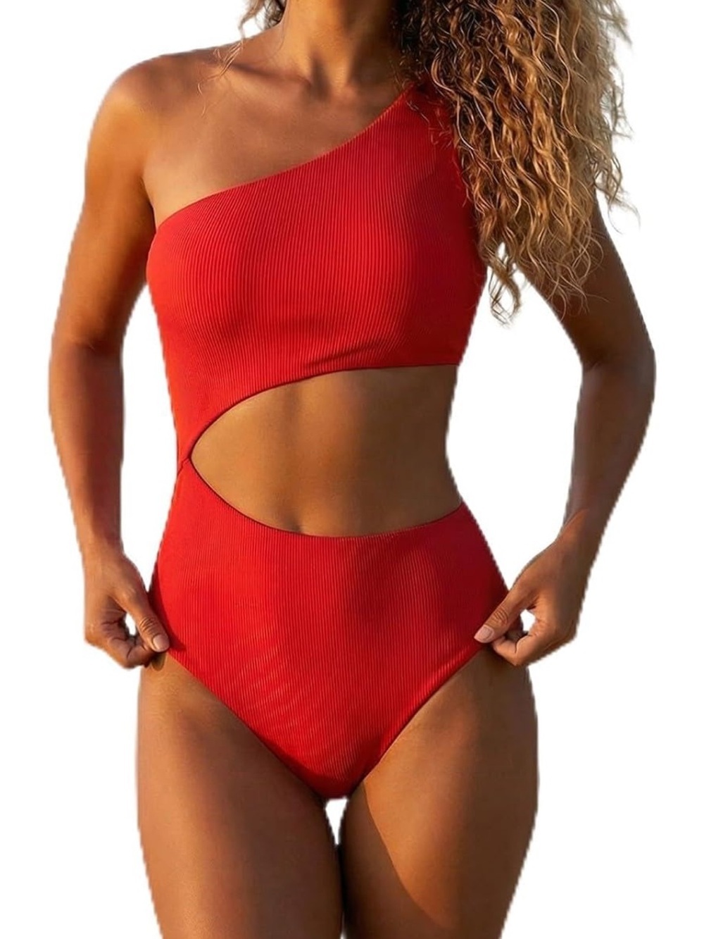 True Red Ribbed One Piece Swimsuit One Shoulder High Cut Leg Cheeky Bottom S
